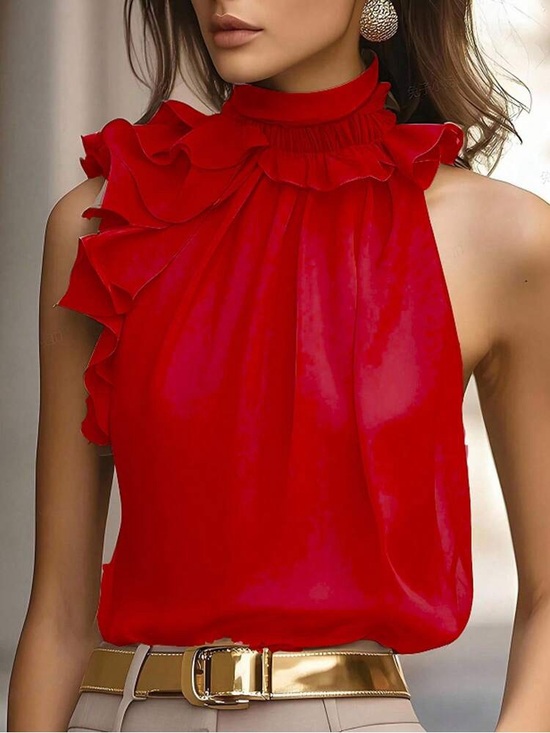 SHEIN Tops - SHEIN Red Ruffle High-Neck Sleeveless Camisole